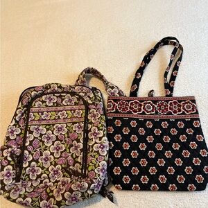 Vera Bradley Purple Floral Backpack and Black Patterned Tote